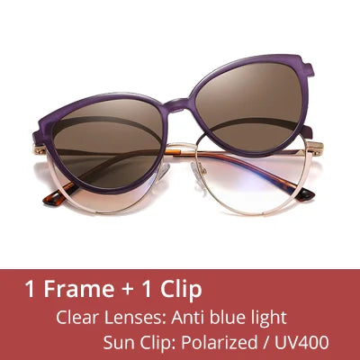 Ralferty Women's Full Rim Cat Eye Alloy Eyeglasses Clip On Polarized Sunglasses R2510 With Clip Ons Ralferty C3 Purple CHINA 