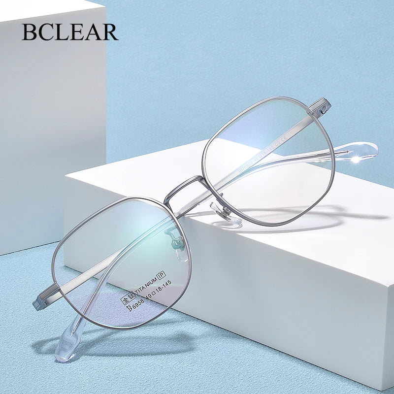 Bclear Unisex Full Rim Small Square Polygon Titanium Eyeglasses 6958 Full Rim Bclear   