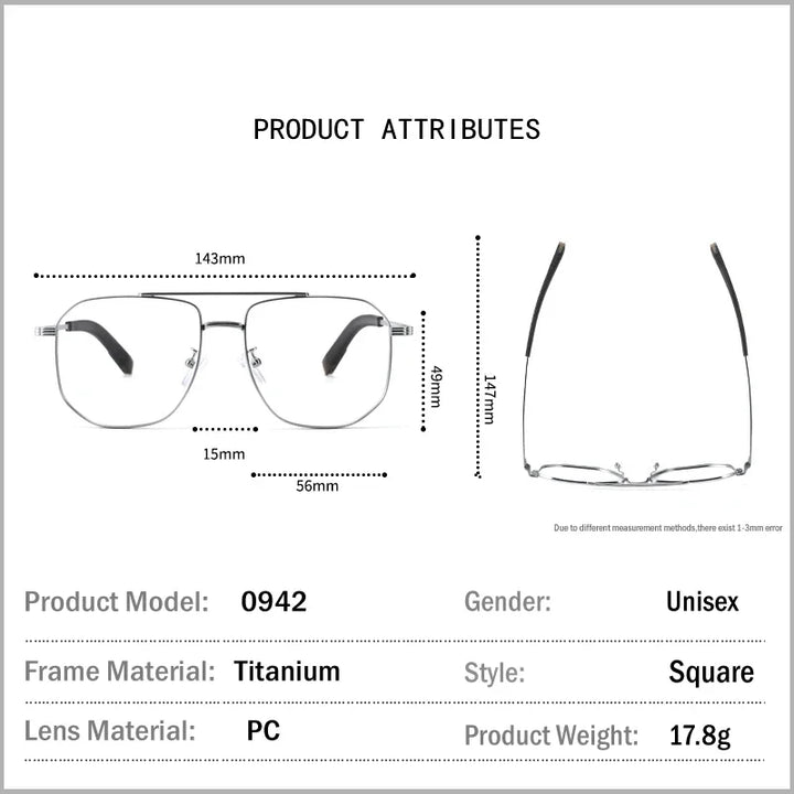 Aror Unisex Full Rim Square Double Bridge Titanium Eyeglasses 40942 Full Rim Aror