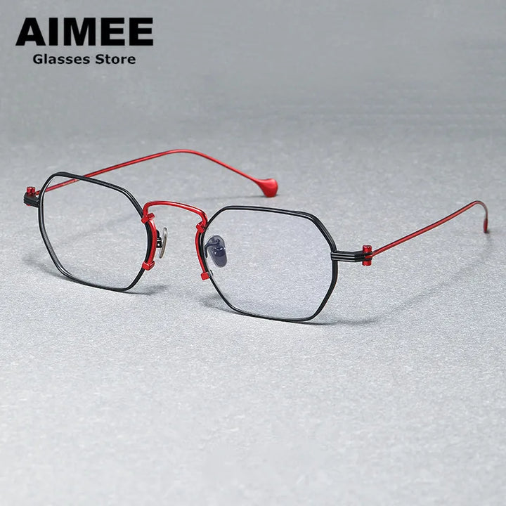 Aimee Unisex Full Rim Flat Top Polygon Titanium Eyeglasses 190069 Full Rim Aimee Black-Red  