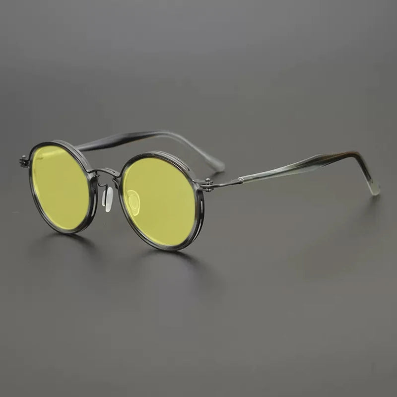 Gatenac Unisex Full Rim Round Polarized Acetate Titanium Sunglasses Mo10  FuzWeb  Stripe Yellow  