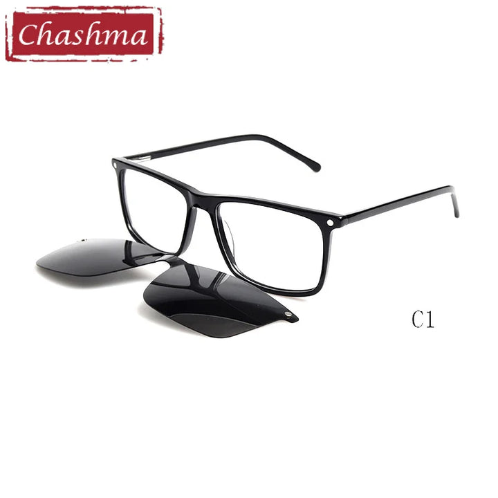 Chashma Unisex Full Rim Square Acetate Eyeglasses Clip On Sunglasses