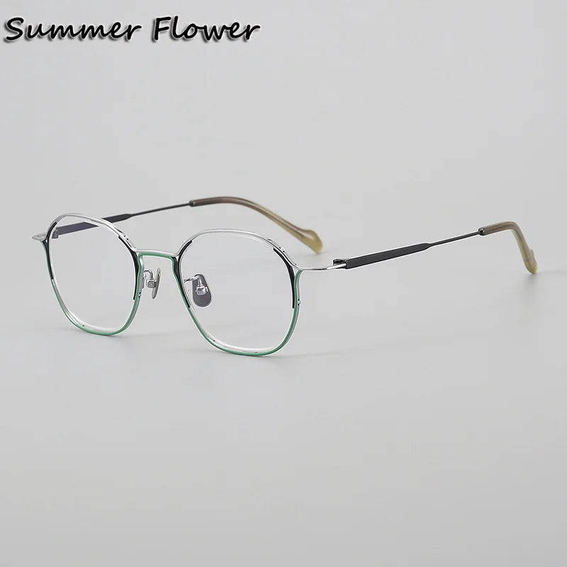 Summer Flower Unisex Full Rim Polygon Oval Titanium Eyeglasses 821004 Full Rim Summer Flower Silver Green