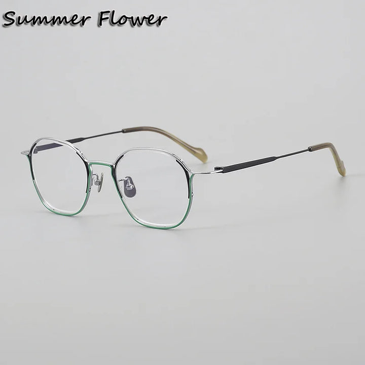 Summer Flower Unisex Full Rim Polygon Oval Titanium Eyeglasses 821004 Full Rim Summer Flower Silver Green