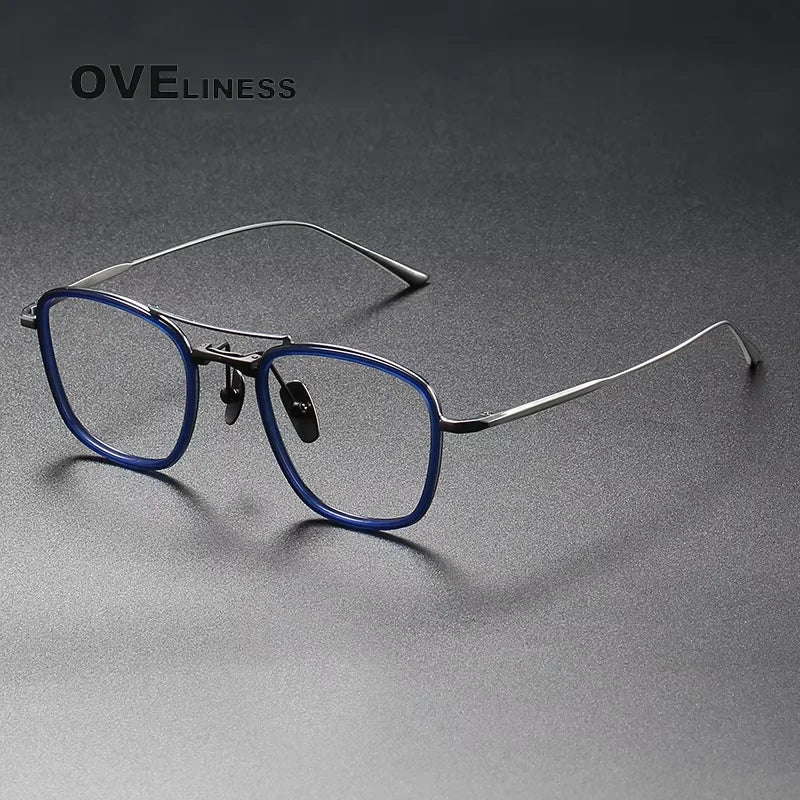 Oveliness Women's Full Rim Square Double Bridge Titanium Acetate Eyeglasses 13523 Full Rim Oveliness blue silver  