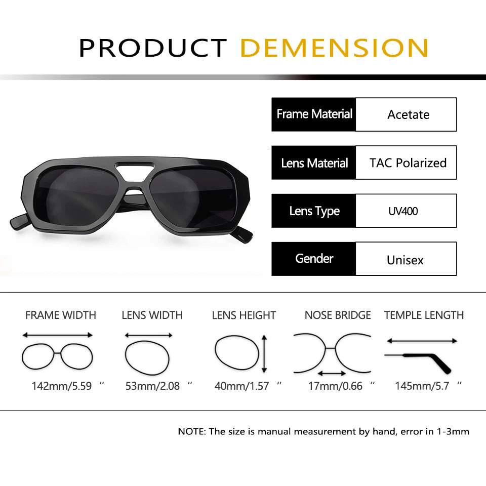 Esnbie Unisex Full Rim Square Double Bridge Acetate Sunglasses 230381