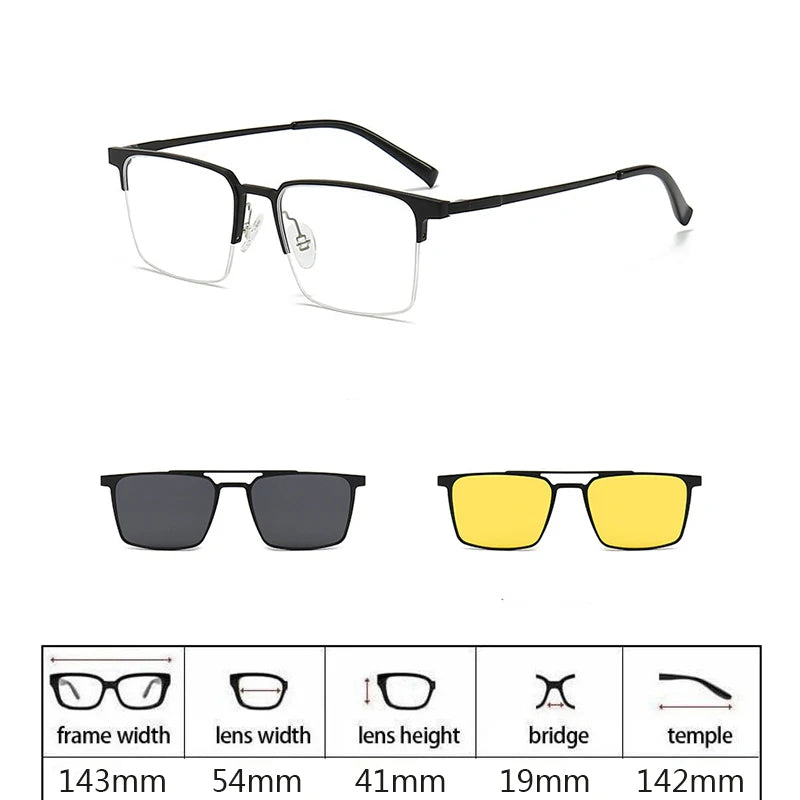 Hdcrafter Men's Full Rim Square Double Bridge Titanium Eyeglasses Clip On Sunglasses 275009