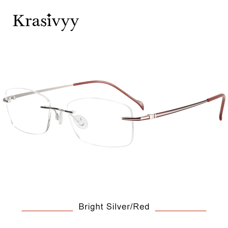 Krasivyy Unisex Rimless Square Titanium Eyeglasses 16075 Rimless Krasivyy Bright Silver Red  