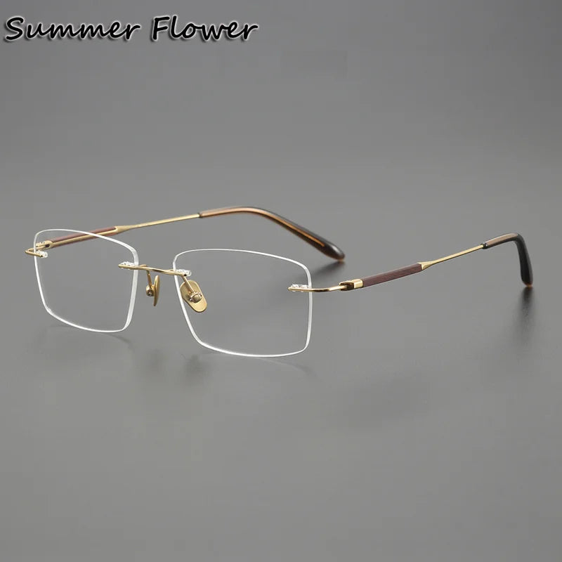 Summer Flower Unisex Rimless Square Titanium Sandalwood Eyeglasses 84287 Rimless Summer Flower Gold