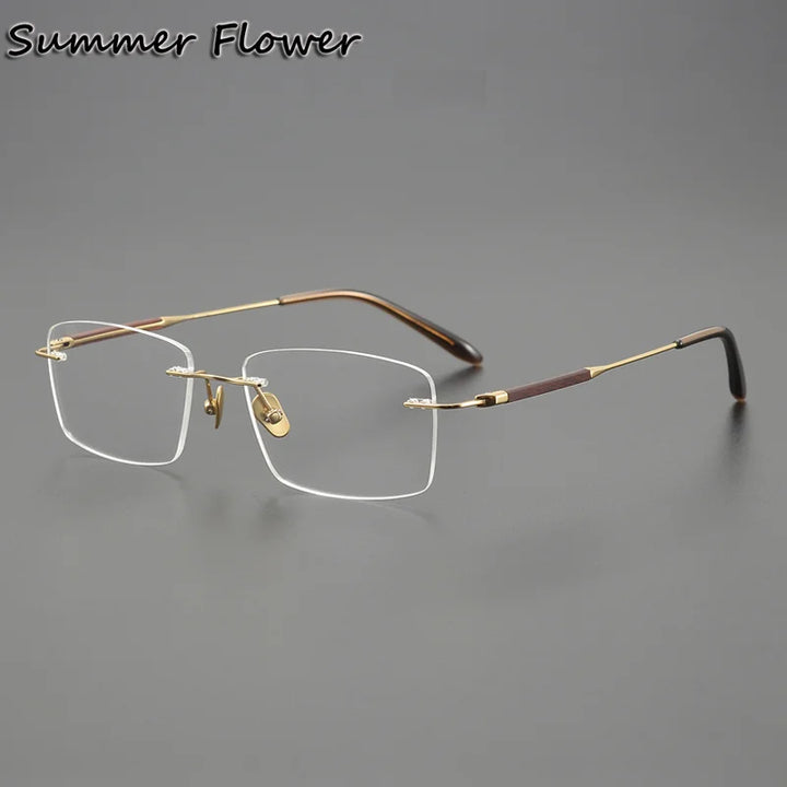 Summer Flower Unisex Rimless Square Titanium Sandalwood Eyeglasses 84287 Rimless Summer Flower Gold