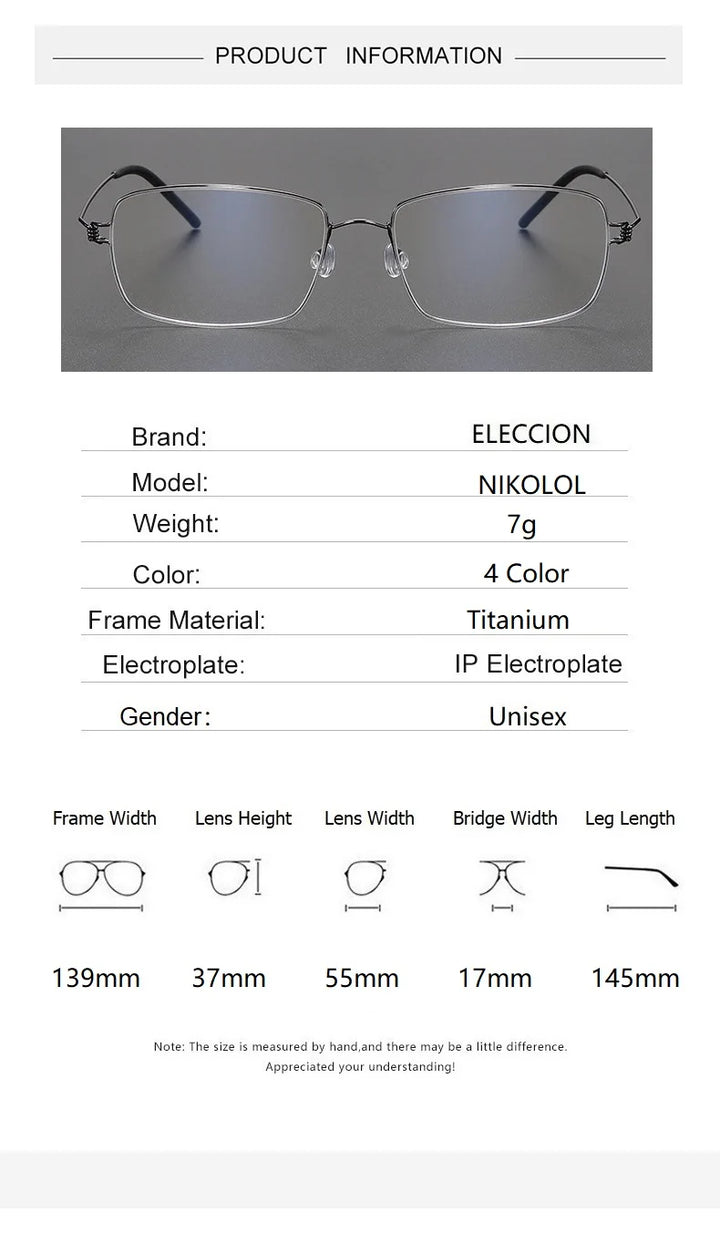 Eleccion Unisex Full Rim Square Screwless Titanium Eyeglasses 13937