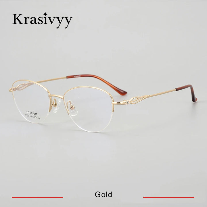 Krasivyy Women's Semi Rim Oval Cat Eye Titanium Eyeglasses 443001 Semi Rim Krasivyy Gold  