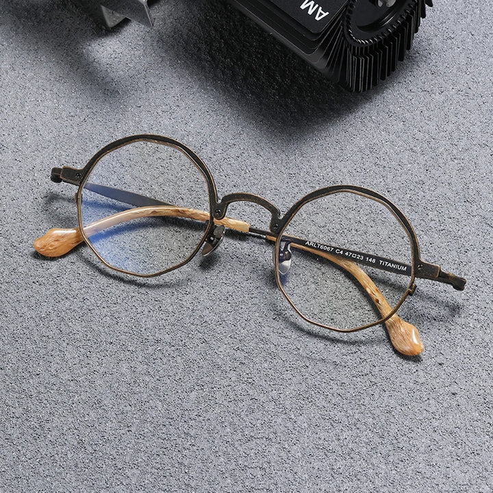 Black Mask Unisex Full Rim Irregular Round Titanium Eyeglasses T6067 Full Rim Black Mask Bronze  