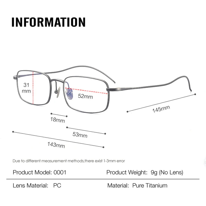 Muzz 0001 unisex small square titanium prescription eyeglasses — view 2