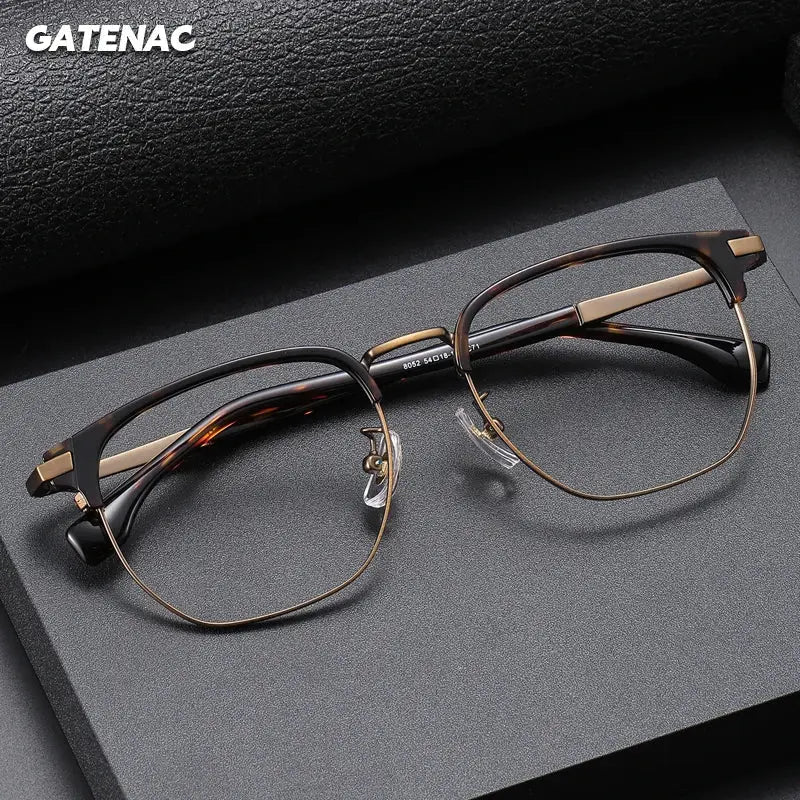 Gatenac Men's Full Rim Oval Square Titanium Acetate Eyeglasses 688052 FuzWeb