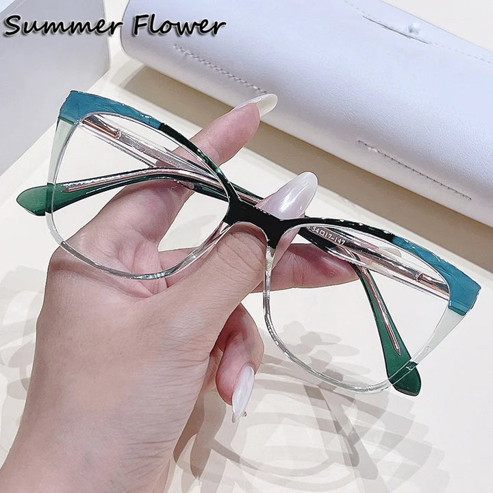 Summer Flower Women's Full Rim Square Cat Eye Tr 90 Titanium Eyeglasses 76003 Full Rim Summer Flower Blue Gray