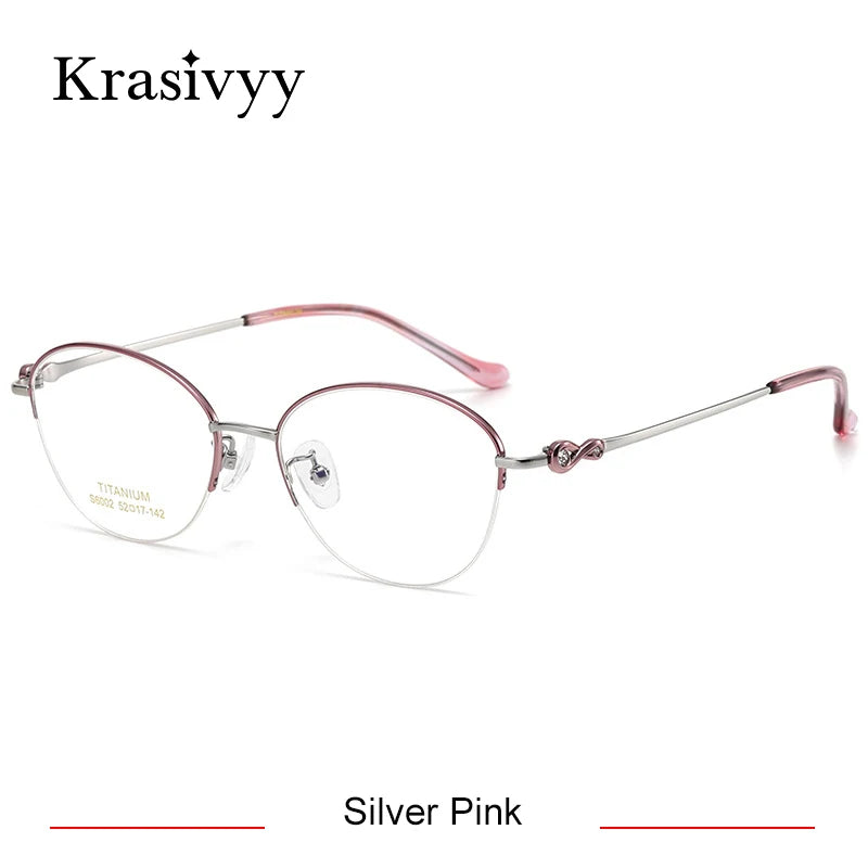 Krasivyy Women's Semi Rim Oval Round Titanium Eyeglasses 446002 Semi Rim Krasivyy Silver Pink  