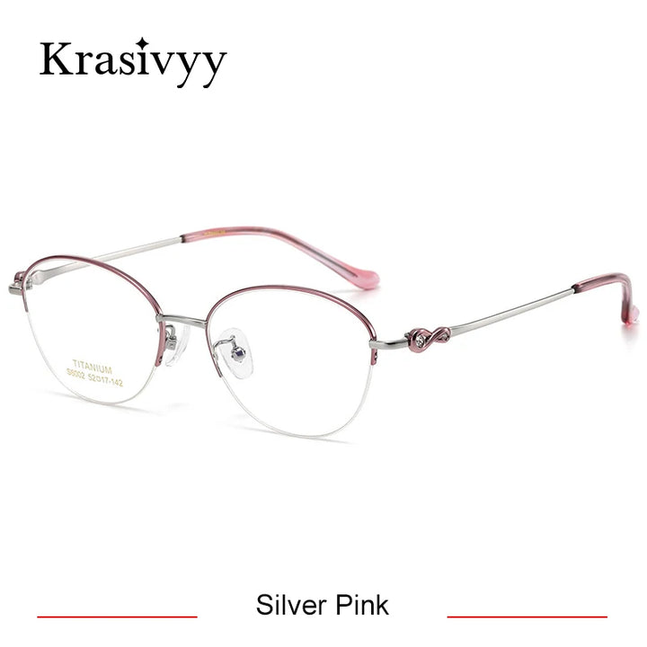 Krasivyy Women's Semi Rim Oval Round Titanium Eyeglasses 446002 Semi Rim Krasivyy Silver Pink  