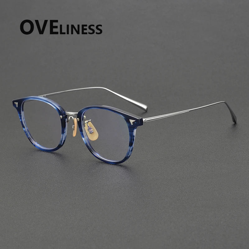 Oveliness Women's Full Rim Oval Square Acetate Titanium Eyeglasses 84548 Full Rim Oveliness blue silver