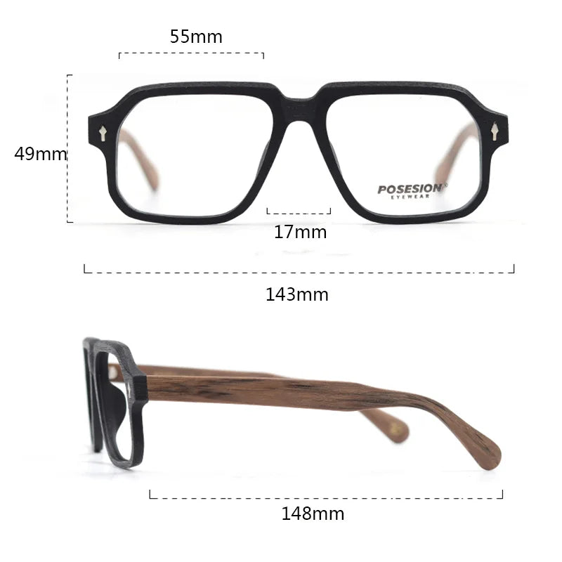Hdcrafter Men's Full Rim Polygon Square Wood Alloy Eyeglasses 81884