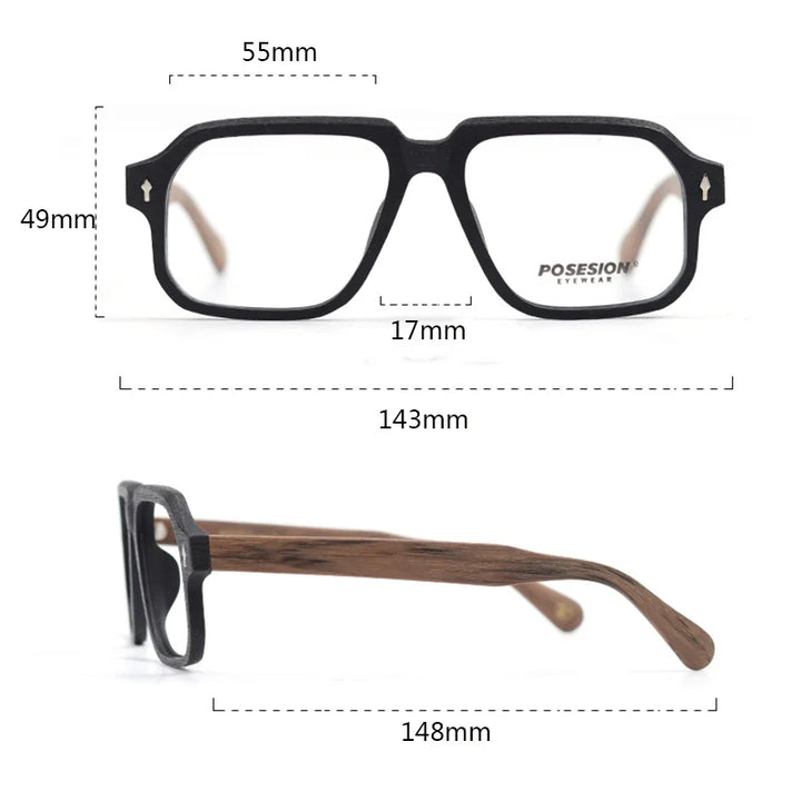 Hdcrafter Men's Full Rim Polygon Square Wood Alloy Eyeglasses 81884