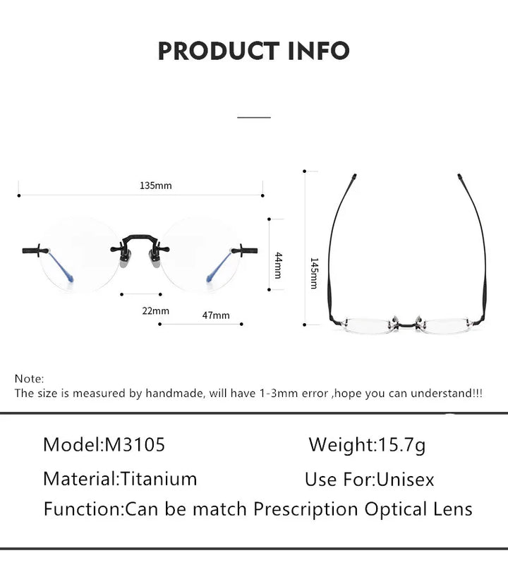 Aimee Men's Rimless Round Titanium Eyeglasses 3105 Rimless Aimee   