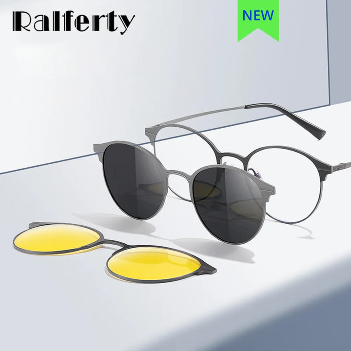 Ralferty Women's Full Rim Round Alloy Eyeglasses Clip On Polarized Sunglasses R7029 With Clip Ons Ralferty   