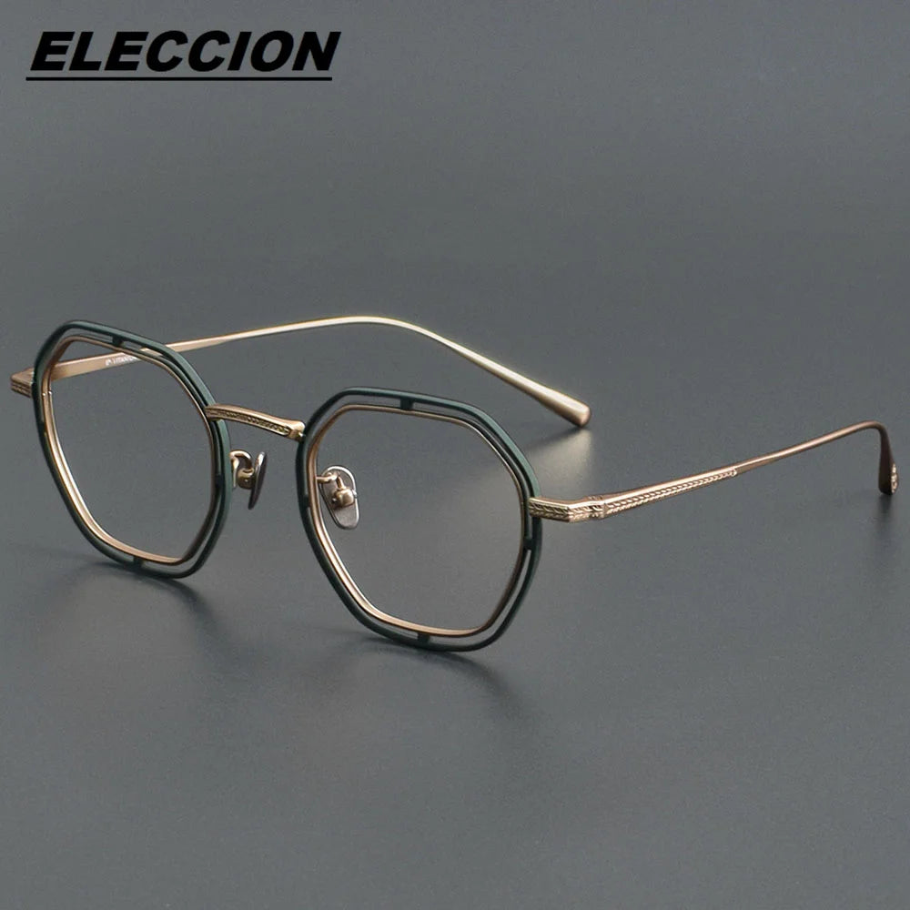 Eleccion Unisex Full Rim Flat Top Polygon Titanium Eyeglasses 44158 Full Rim Eleccion Green - Gold