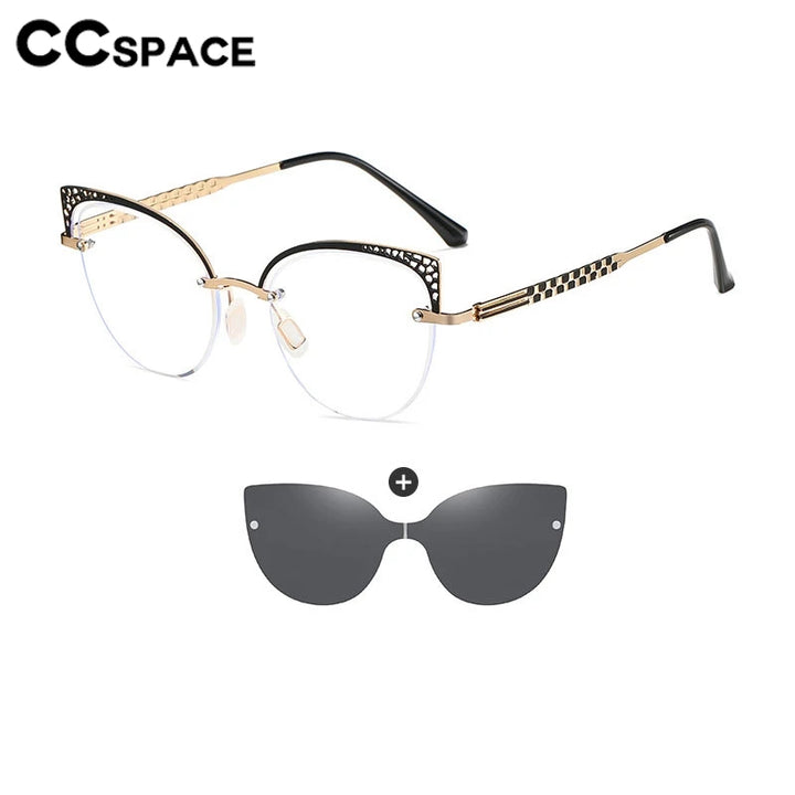 CCSpace Women's Full Rim Oval Cat Eye Alloy Eyeglasses Clip On Sunglasses 302035 With Clip Ons CCspace   