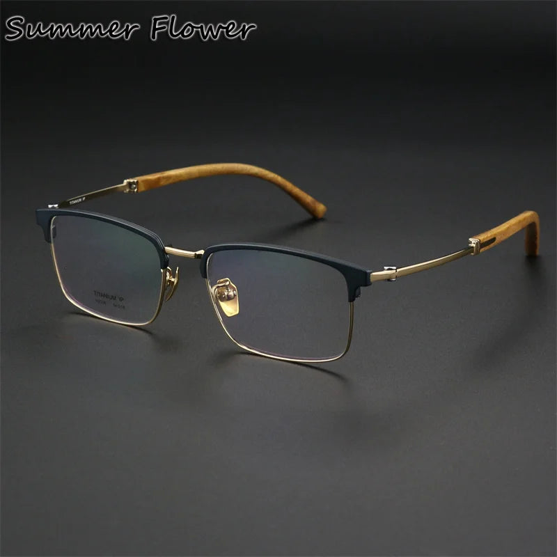 Summer Flower Women's Full Rim Square Titanium Wood Eyeglasses 612336