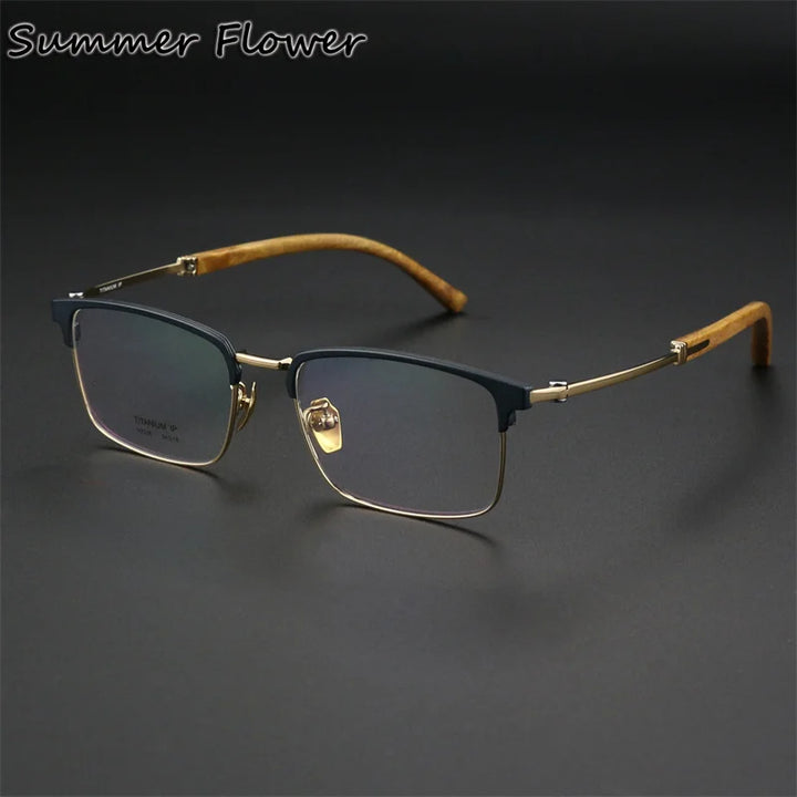 Summer Flower Women's Full Rim Square Titanium Wood Eyeglasses 612336