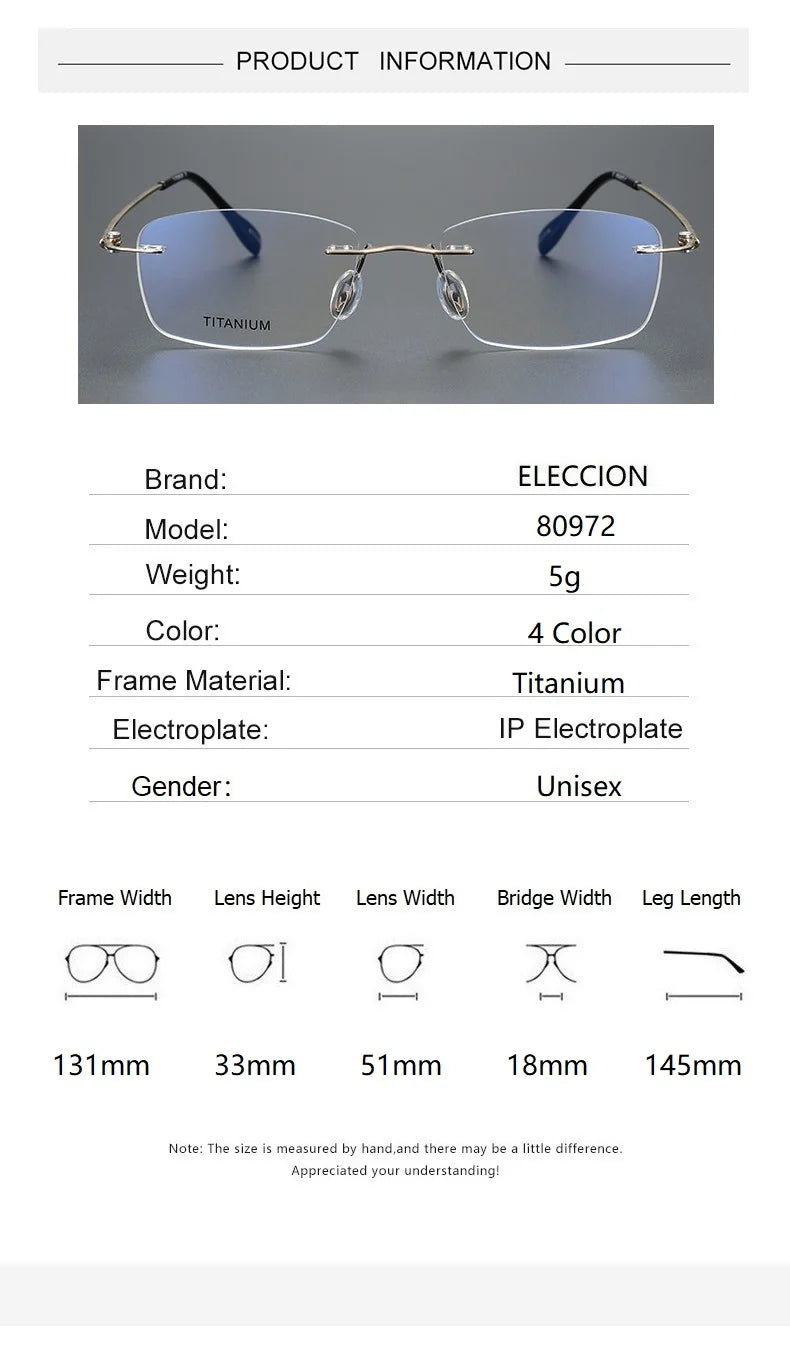 Eleccion Women's Rimless Oval Square Titanium Eyeglasses 80972