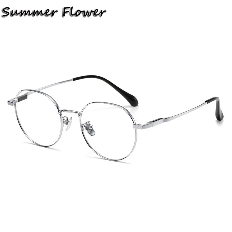 Summer Flower Women's Full Rim Flat Top Round Titanium Eyeglasses 861008 Full Rim Summer Flower Silver