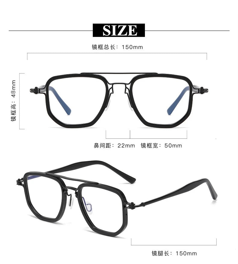 Black Mask Men's Full Rim Square Double Bridge Titanium Acetate Eyeglasses 365876