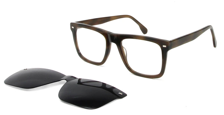 Esnbie Men's Full Rim Square Acetate Eyeglasses Clip On Sunglasses 423291