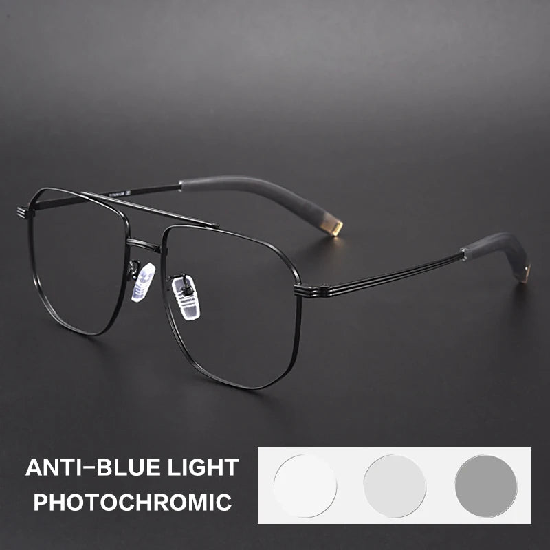 Gatenac Unisex Full Rim Square Double Bridge Titanium Photochromic Reading Glasses 760942