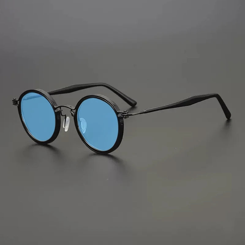 Gatenac Unisex Full Rim Round Polarized Acetate Titanium Sunglasses Mo10  FuzWeb  Black Blue  