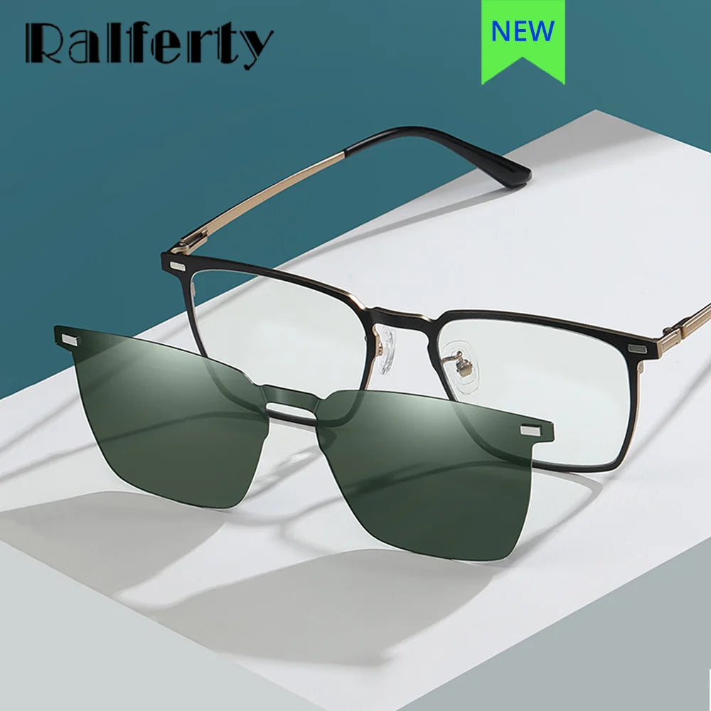 Ralferty Men's Full Rim Square Alloy Eyeglasses Clip On Polarized Sunglasses R8202 With Clip Ons Ralferty   