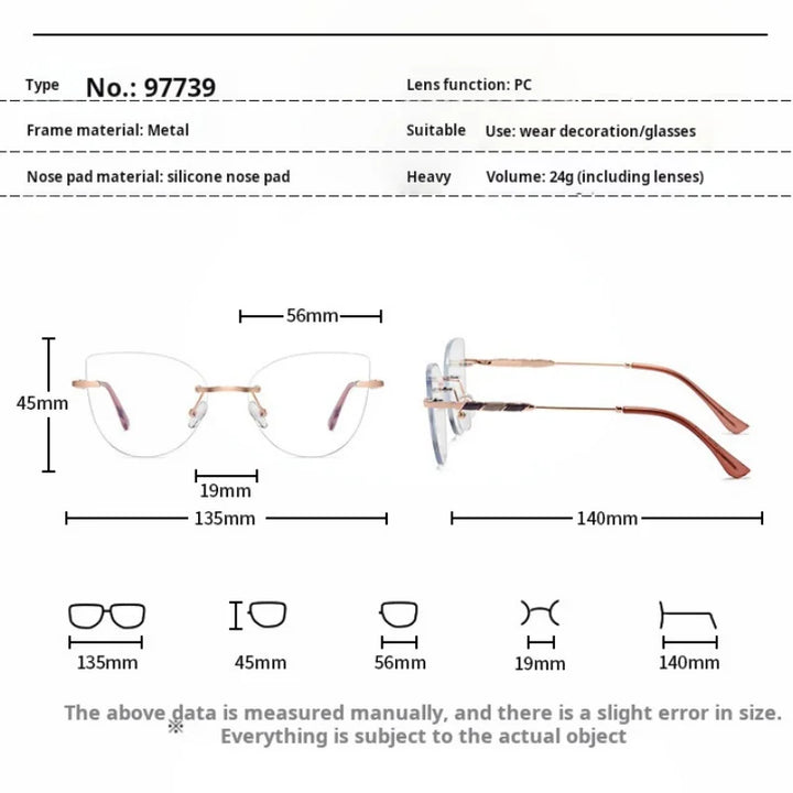 Momoja Women's Rimless Oval Cat Eye Alloy Eyeglasses 97739