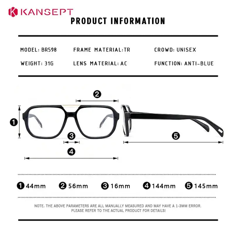 Kansept Men's Full Rim Double Bridge Square Tr 90 Frames 598100 FuzWeb