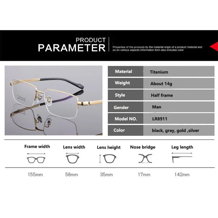 Hdcrafter Men's Semi Rim Big Square Titanium Eyeglasses 48911