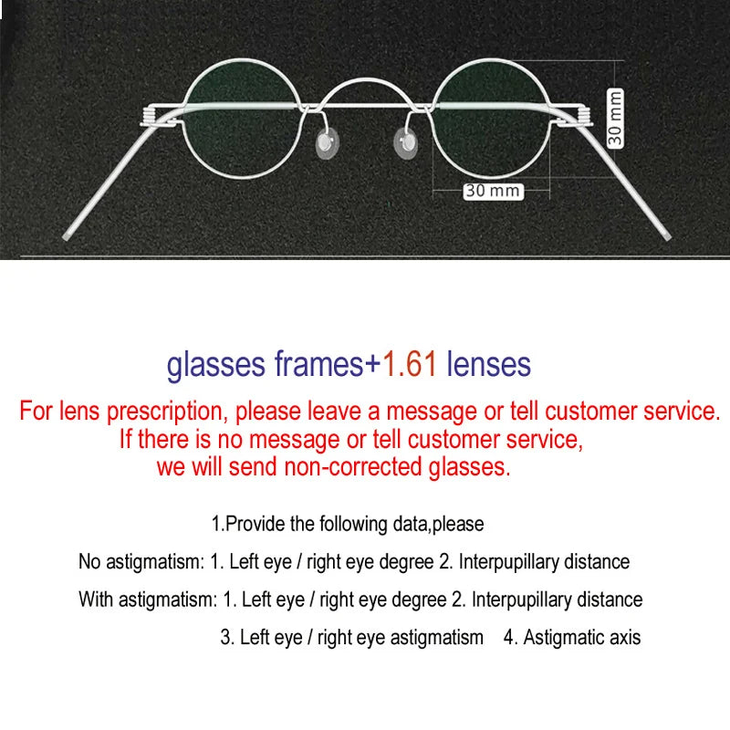 Yujo Unisex Full Rim Round Screwless Stainless Steel Eyeglasses 15032 Full Rim Yujo diameter30mm CHINA