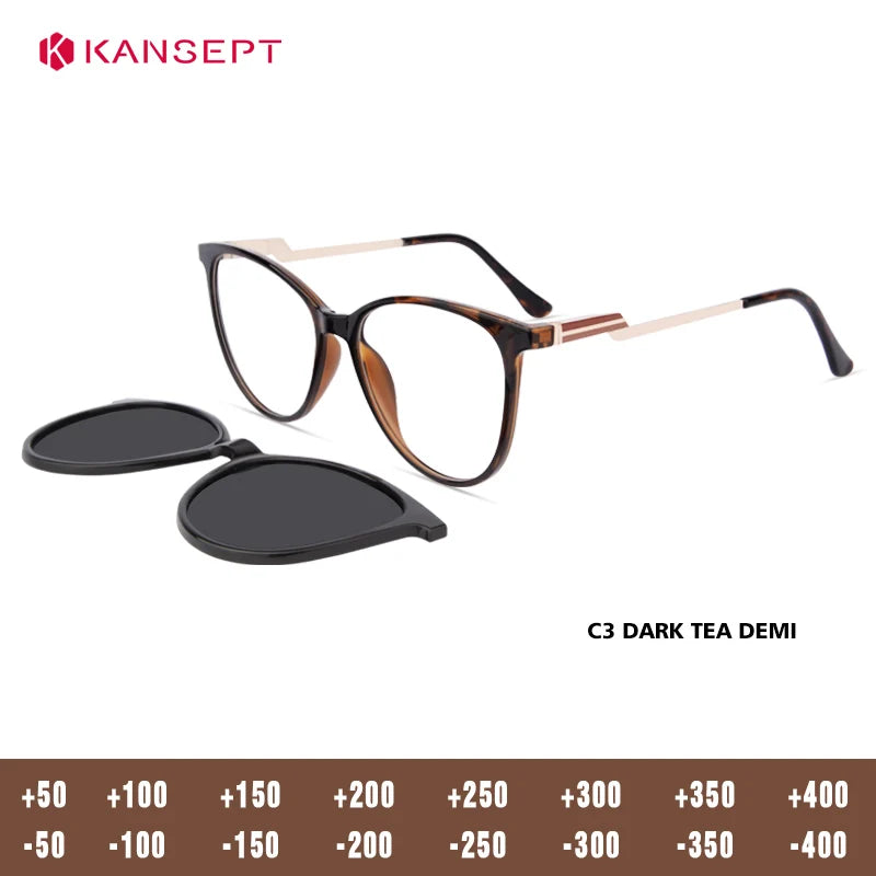 Kansept Women's Full Rim Square Tr 90 Alloy Reading Glasses Clip On Sunglasses 513003