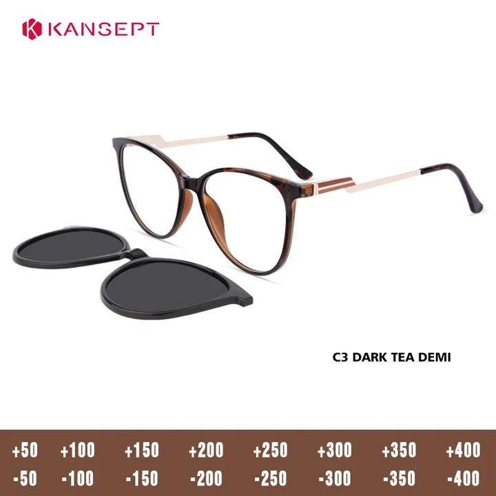 Kansept Women's Full Rim Square Tr 90 Alloy Reading Glasses Clip On Sunglasses 513003