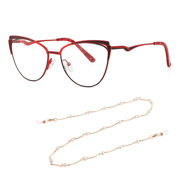 Laoyehui Women's Full Rim Cat Eye Alloy Presbyopic Reading Glasses Glr8577 Reading Glasses Laoyehui 0(NO BLUE LIGHT) C4 red With Chains 