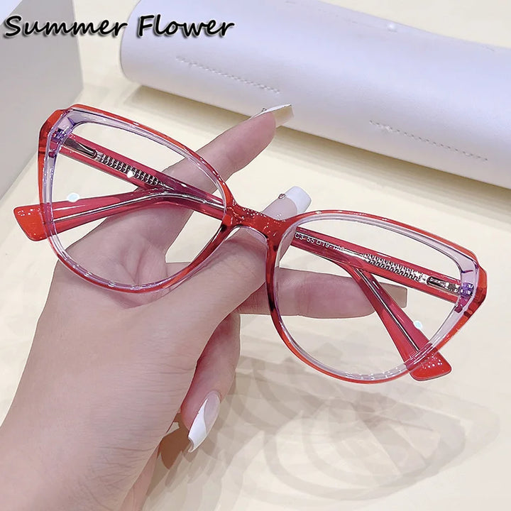 Summer Flower Women's Full Rim Oval Cat Eye Tr 90 Titanium Eyeglasses 87883 Full Rim Summer Flower Red Purple