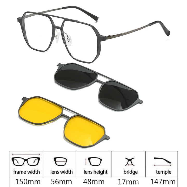 Hdcrafter Men's Full Rim Square Double Bridge Titanium Eyeglasses Clip On Sunglasses 275009