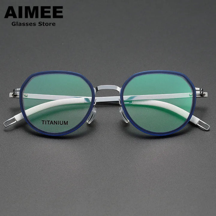 Aimee Unisex Full Rim Flat Top Oval Titanium Acetate Eyeglasses 60219 Full Rim Aimee Blue-Silver  