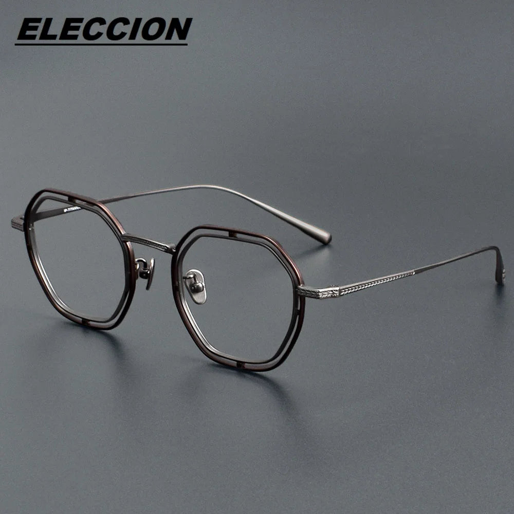 Eleccion Unisex Full Rim Flat Top Polygon Titanium Eyeglasses 44158 Full Rim Eleccion Coffee - Gray