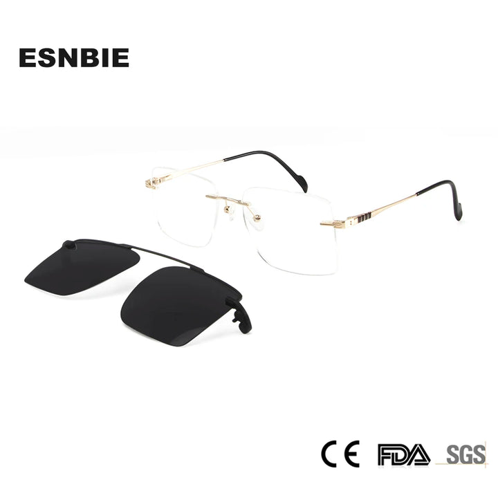 Esnbie Unisex Rimless Square Alloy Eyeglasses Clip On Sunglasses 60031 With Clip Ons Esnbie   